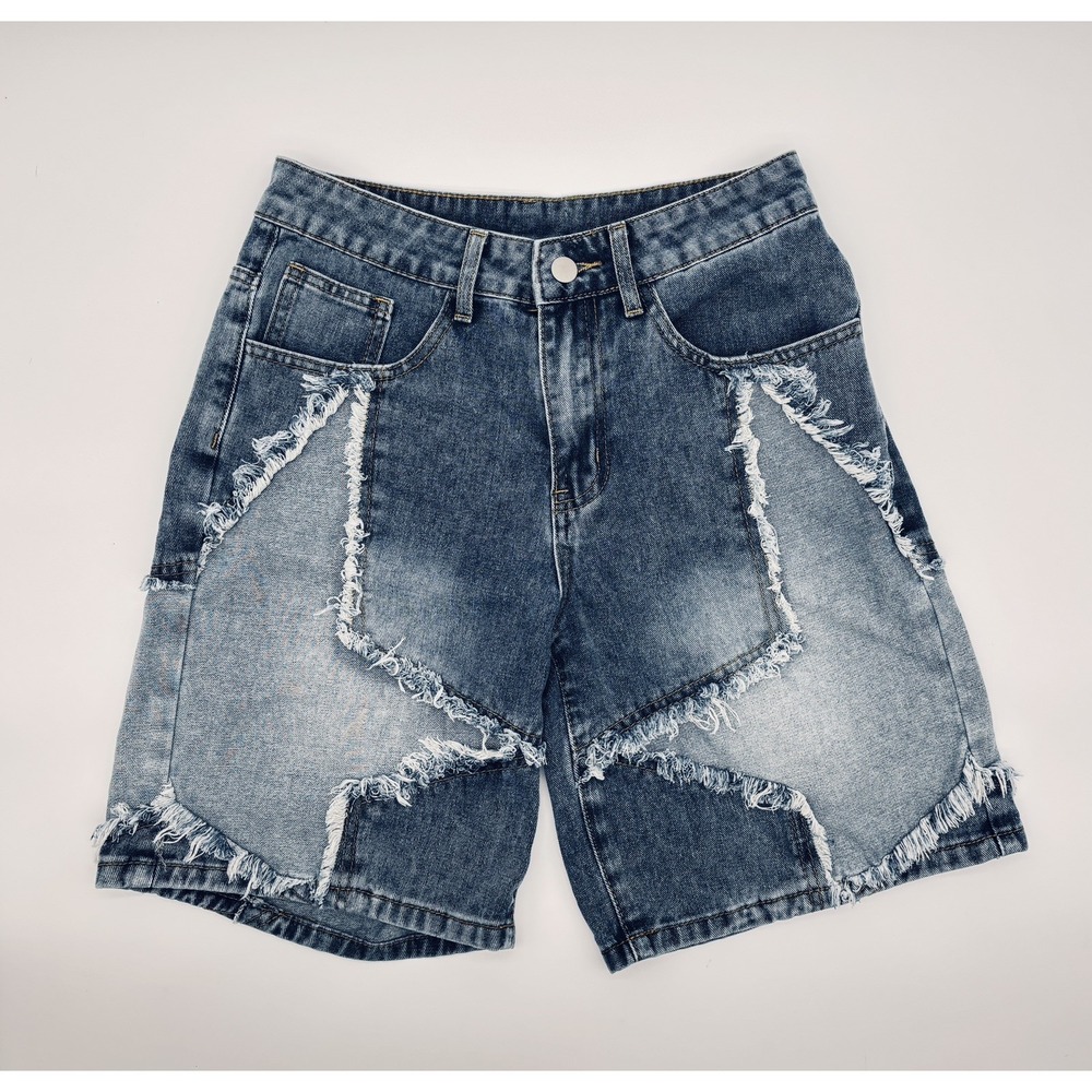 ROMWE Mens Shorts 26 Waist Denim Distressed Patchwork Relaxed Blue Bermuda